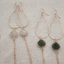 Megen Gabrielle Jewelry | gemstone drop and chain tassel earrings. tassel earrings, gemstone dangle drop earrings. earrings with tassel. multi gemstone drop earrings, large gemstone drop hoop earrings. large gemstone drop earrings gold. natural stone drop earrings. crystal drop earrings. drop gemstone, 14k gold fill gemstone earrings. sterling silver gemstone earrings. elegant earrings for women. dressy earrings for women. special occasion earrings for women. fancy earrings for ladies.
