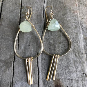 Megen Gabrielle Jewelry | Aquamarine Tassel Earrings. Tear drop hoop earrings with tassels and blue/ green stones 