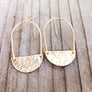 Megen Gabrielle Jewelry | 14k gold filled earrings. 14k gold fill earrings. gold earrings for women, gold earrings for ladies. gold filled jewelry. gold fill earrings. gold fill half moon earrings. drop hoop gold earrings. gold half moon drop hoop earrings. half moon hammered gold earrings.  gold geometric shape earrings. gold geometric hammered hoop earrings. flat hammered gold hoop earrings.  gold half moon hoop earrings.