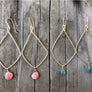 Megen Gabrielle Jewelry | Diamond shaped hoop earrings in 14k gold fill with Chrysocolla or Peachy Pink Rhodonite drop stone.