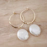 Megen Gabrielle Jewelry | 14k gold fill jewelry. 14k gold fill earrings, pearl earrings. gold and pearl earrings. dangle pearl earrings. coin pearl earrings. gold filled earrings, gold earrings. pearl earrings. pearl hoop earrings