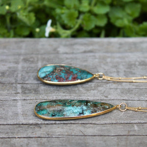 Megen Gabrielle Jewlery Studios, Handmade, real gemstone, chrysocolla necklace with gold chain necklace