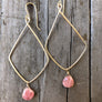 Megen Gabrielle Jewelry | Diamond shaped hoop earrings in 14k gold fill with Chrysocolla or Peachy Pink Rhodonite drop stone. Megen Gabrielle Jewelry | Diamond shaped hoop earrings in 14k gold fill with Chrysocolla or Peachy Pink Rhodonite drop stone. diamond shaped hoop drop earrings for women. 14k gold fill earrings. gold earrings with stone drop. gold fill earrings for women. drop hoop earrings. drop hoop earrings with stone drop for women. gold hoop earrings drop hoop.
