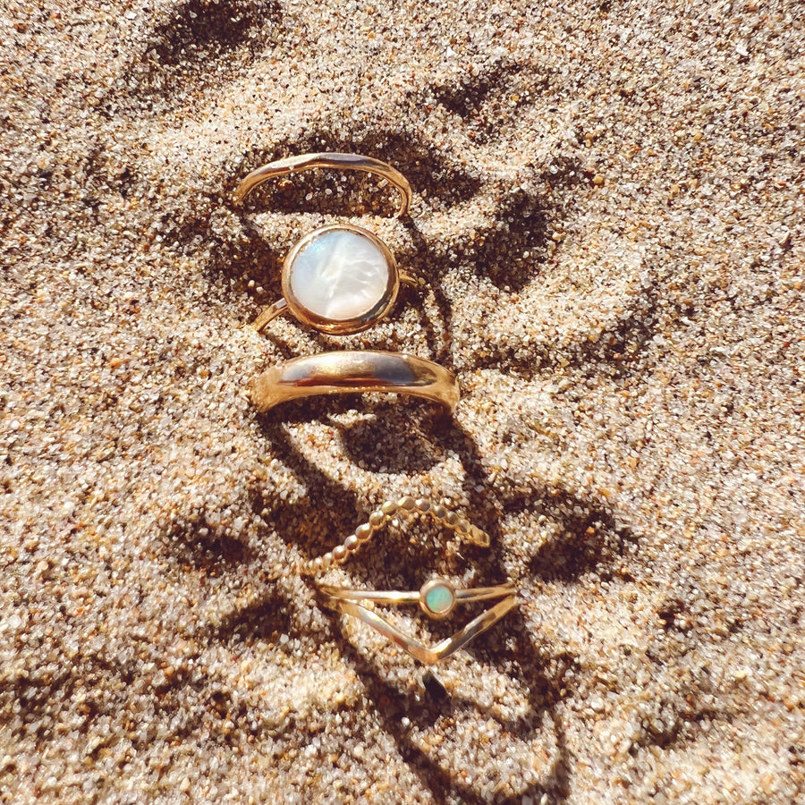 Megen Gabrielle Jewelry | mother of pearl ring. 14K gold fill mother of pearl ring. pearl ring. 14K gold fill ring. 14K gold fill pearl ring. classic pearl ring. natural pearl ring, 14k gold fill.