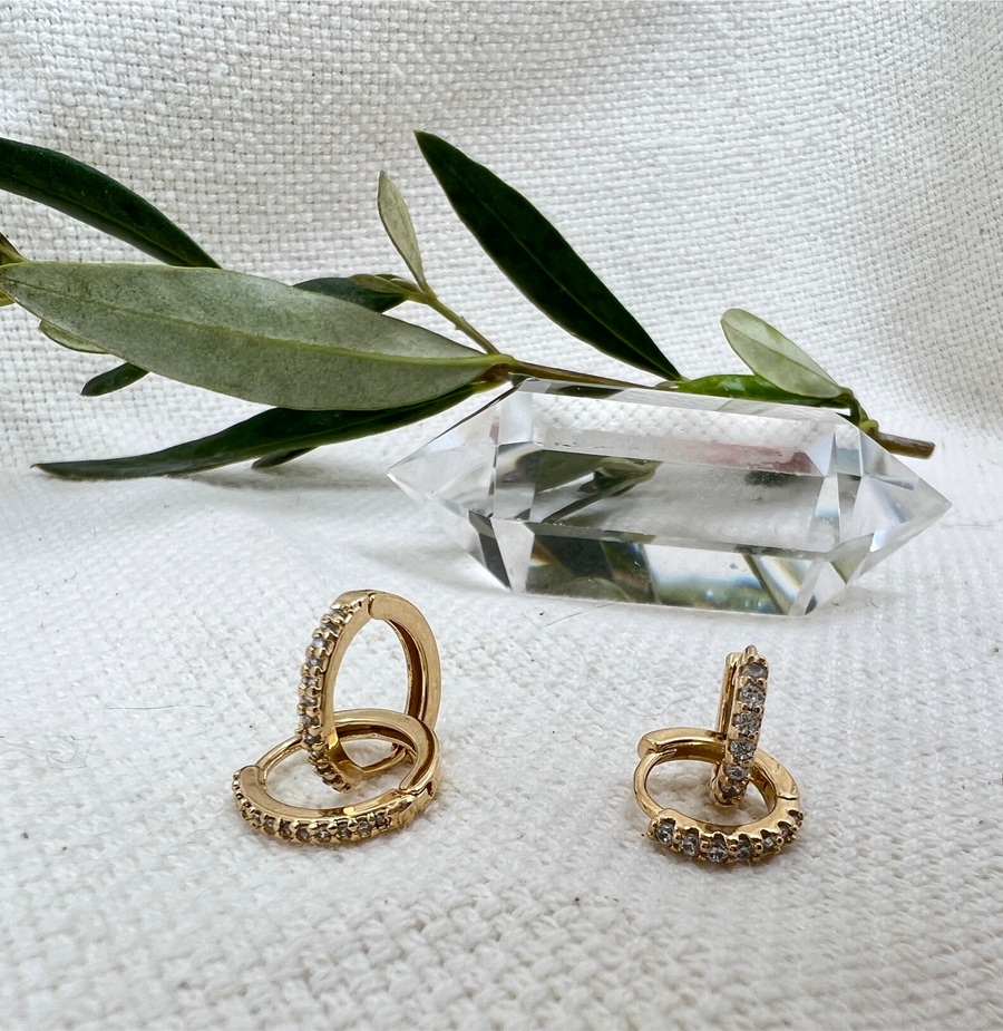 Megen Gabrielle Jewelry | 18K gold filled rectangle earrings. gold filled huggie earrings. simple diamond hoop earrings. gold filled diamond earrings. gold cz hoop earrings 