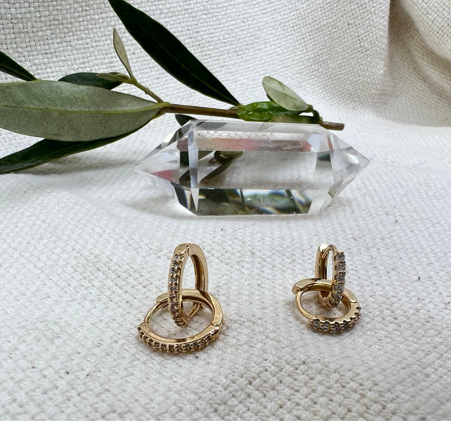 Megen Gabrielle Jewelry | 18K gold filled rectangle earrings. gold filled huggie earrings. simple diamond hoop earrings. gold filled diamond earrings. gold cz hoop earrings 