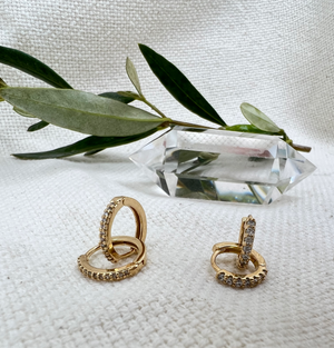 Megen Gabrielle Jewelry | 18K gold filled rectangle earrings. gold filled huggie earrings. simple diamond hoop earrings. gold filled diamond earrings. gold cz hoop earrings 