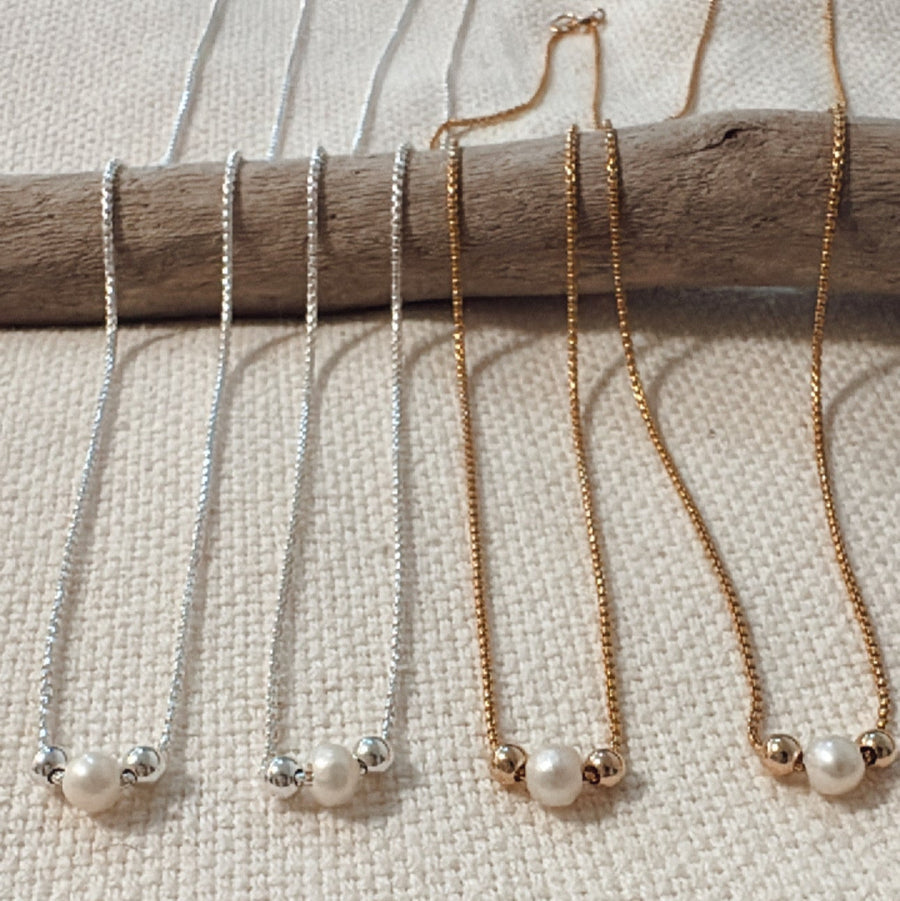 Megen Gabrielle Jewelry | Floating Pearl Necklace | Gold filled Pearl Jewelry | Handmade Pearl Jewelry | Pearl and gold pendant | Santa Cruz Handmade Jewelry 