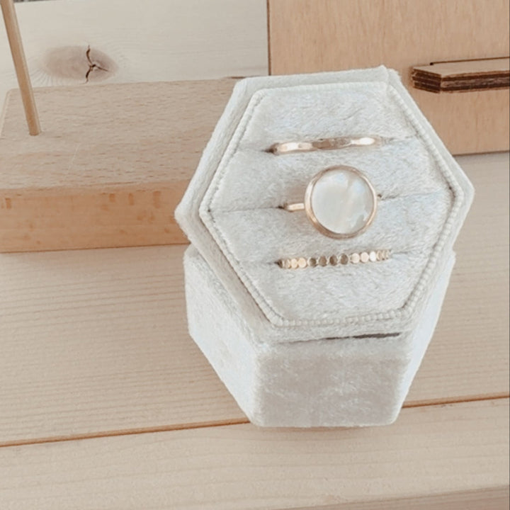 Megen Gabrielle Jewelry | mother of pearl ring. 14K gold fill mother of pearl ring. pearl ring. 14K gold fill ring. 14K gold fill pearl ring. classic pearl ring. natural pearl ring, 14k gold fill. handmade rings, stackable gold rings. beachy jewelry
