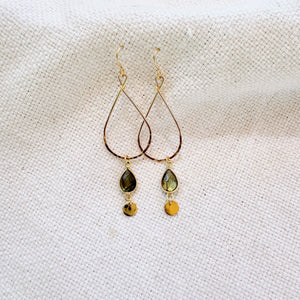 Megen Gabrielle Jewelry | labradorite jewelry, 14k gold fill jewelry. dangle earrings. 14K gold fill earrings. sparkly earrings. Labradorite stone jewelry, natural stone jewelry. Labradorite drop hoop earrings. labradorite hoop earrings. Gold filled labradorite hoop earrings. gold labradorite hoop earrings. gold earrings with labradorite. 