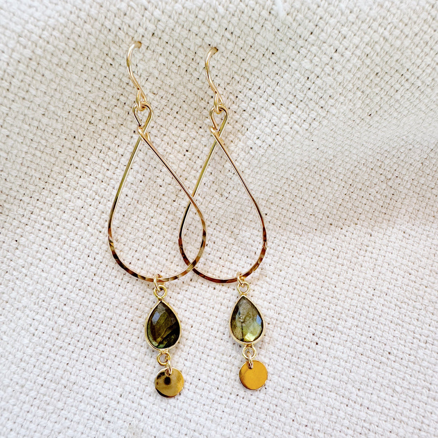 Megen Gabrielle Jewelry | labradorite jewelry, 14k gold fill jewelry. dangle earrings. 14K gold fill earrings. sparkly earrings. Labradorite stone jewelry, natural stone jewelry. Labradorite drop hoop earrings. labradorite hoop earrings. Gold filled labradorite hoop earrings. gold labradorite hoop earrings. gold earrings with labradorite. 