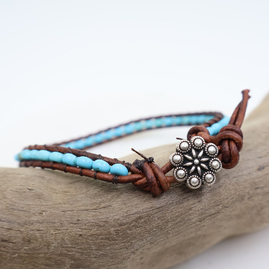 Single layer beaded wrap bracelet with turquoise beads and silver button closure Megen Gabrielle Jewelry, turquoise beaded wrap bracelet, turquoise bracelet, natural turquoise, real turquoise, beaded bracelet, handmade bracelet, 