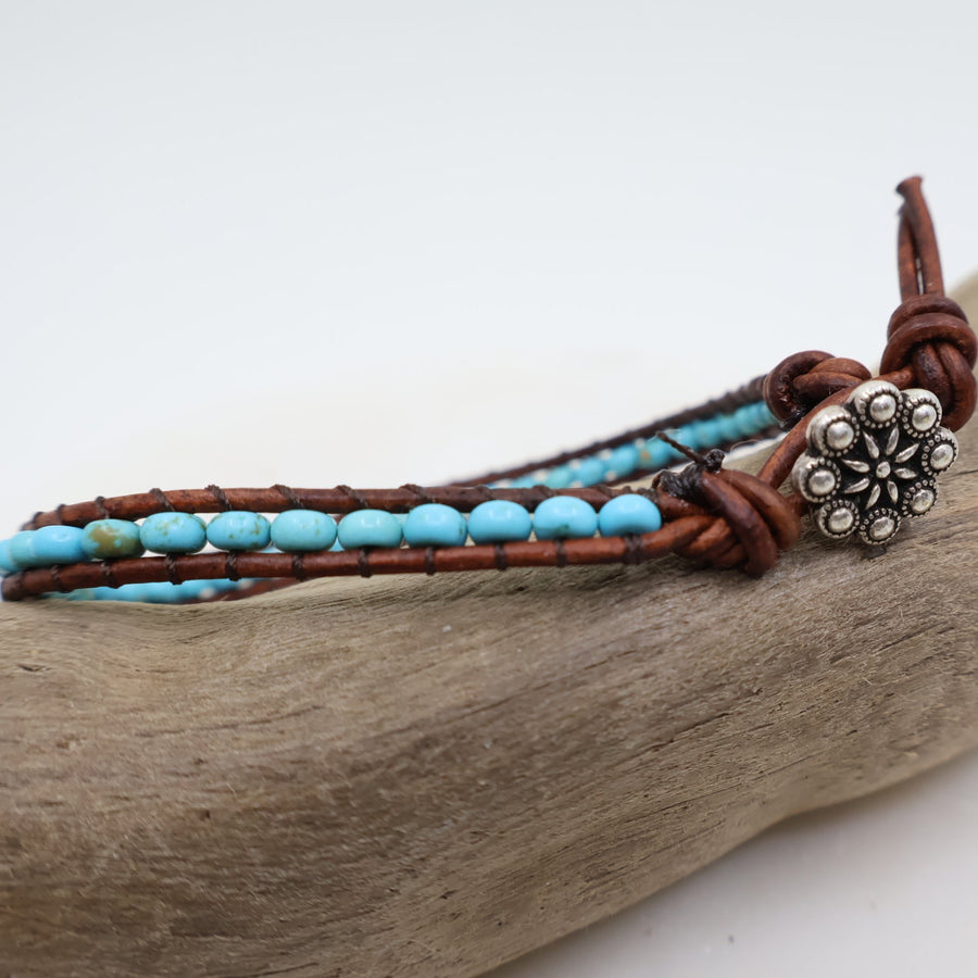 Single layer beaded wrap bracelet with turquoise beads and silver button closure Megen Gabrielle Jewelry, turquoise beaded wrap bracelet, turquoise bracelet, natural turquoise, real turquoise, beaded bracelet, handmade bracelet, 