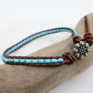 Single layer beaded wrap bracelet with turquoise beads and silver button closure Megen Gabrielle Jewelry, turquoise beaded wrap bracelet, turquoise bracelet, natural turquoise, real turquoise, beaded bracelet, handmade bracelet, 