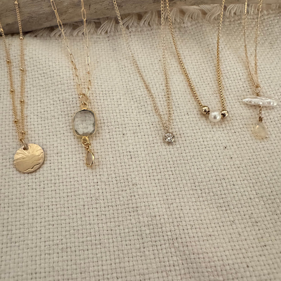 Sunburst Clear Quartz and Opal Charm Necklace- 14K GF