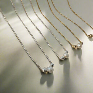 Megen Gabrielle Jewelry | Floating Pearl Necklace | Gold filled Pearl Jewelry | Handmade Pearl Jewelry | Pearl and gold pendant | Santa Cruz Handmade Jewelry 