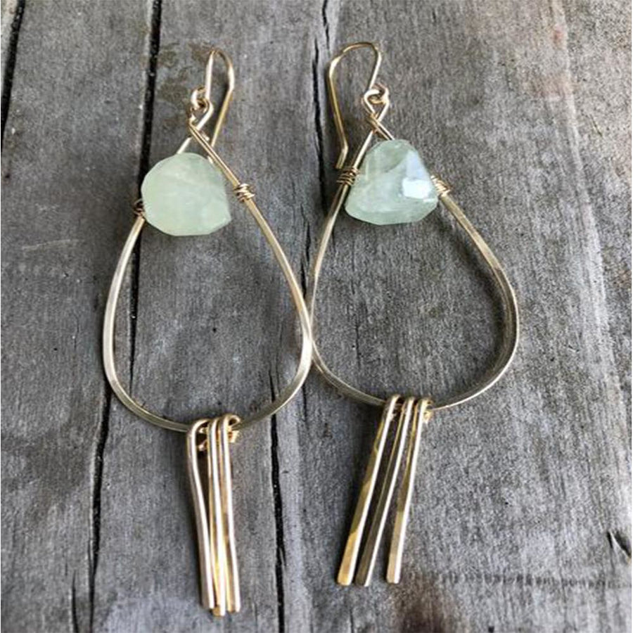 Megen Gabrielle Jewelry | Aquamarine Tassel Earrings. Tear drop hoop earrings with tassels and blue/ green stones 