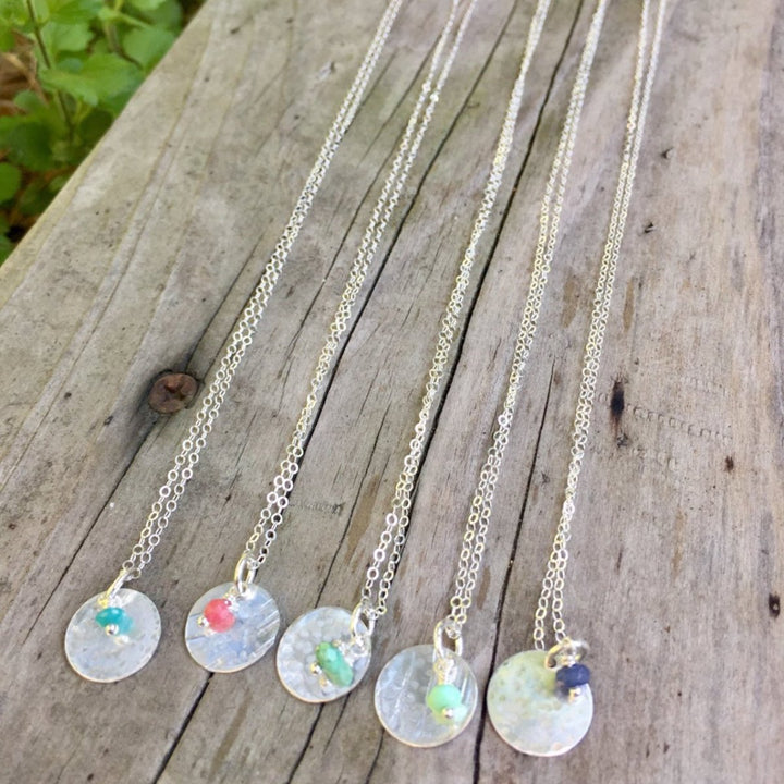 Megen Gabrielle Jewelry | The Sterling Silver Circle & Gemstone Necklace. Silver necklace with silver disk and gemstone charm. Options for gemstones: mint, blue, pink, turquoise.