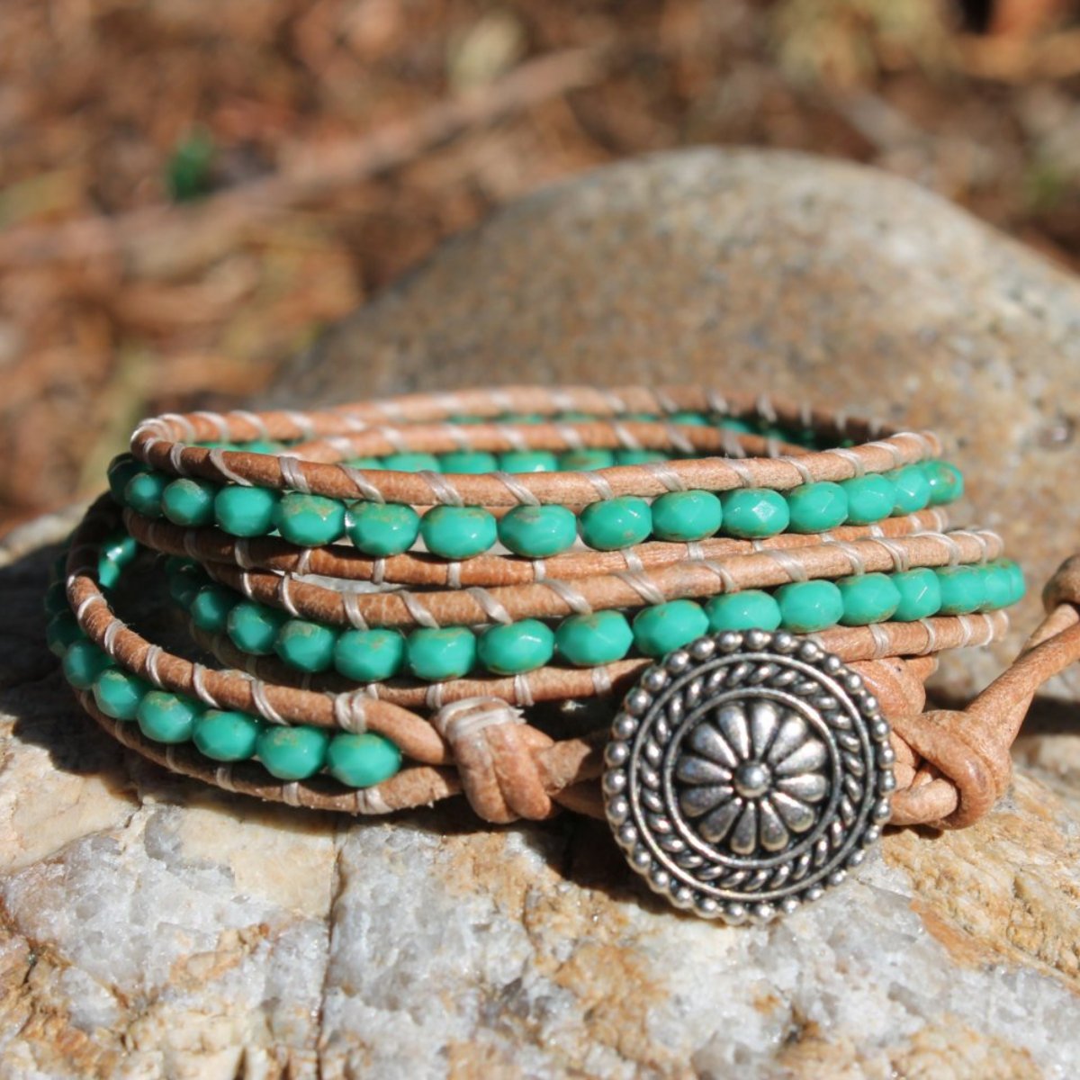 july supply leather wrap bracelet kit - turquoise beads, brown leather