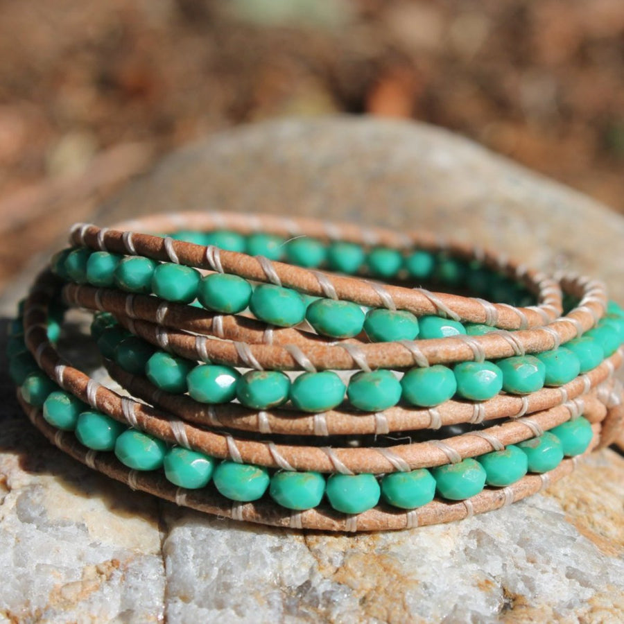 Turquoise Beads woven onto leather bracelet wrap 