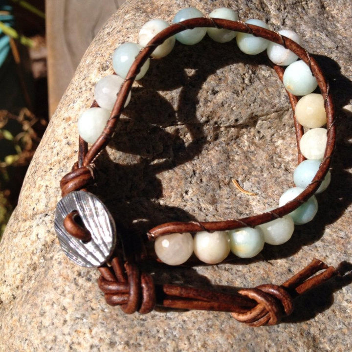 Megen Gabrielle Jewelry | Amazonite beads single layer wrap bracelet. Light colored blue, cream, and yellow beads. 