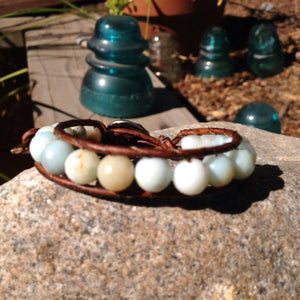 Megen Gabrielle Jewelry | Amazonite beads single layer wrap bracelet. Light colored blue, cream, and yellow beads.