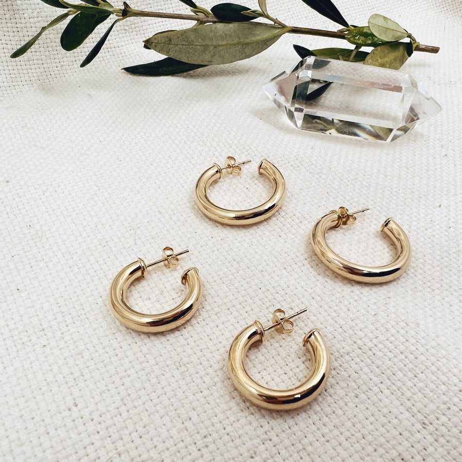 Megen Gabrielle Jewelry | Thick Round Post Hoop. Gold fill hoop earrings with post style closure. 