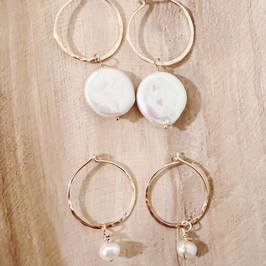 Megen Gabrielle Jewelry | 14k gold fill jewelry. 14k gold fill earrings, pearl earrings. gold and pearl earrings. dangle pearl earrings. coin pearl earrings. gold filled earrings, gold earrings. pearl earrings. pearl hoop earrings