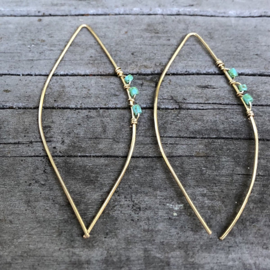 Megen Gabrielle Jewelry | 14k Gold fill open style hoops with mint beads wrapped with 14K gold fill wire. womens open hoops. gold hoops women. womens gold hoops. women gold filled jewelry. gold fill jewelry for men and women. turquoise and gold jewelry. gold jewelry with turquoise