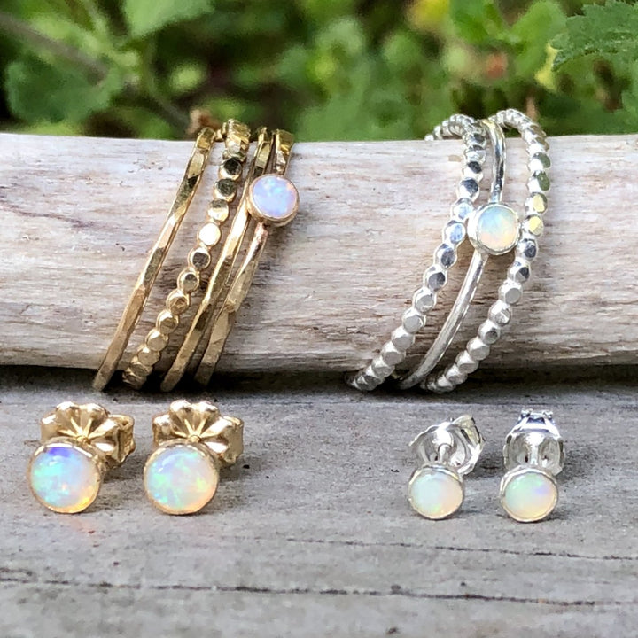 Megen Gabrielle Jewelry | 14k gold fill and sterling silver opal stud earrings, with real opal.  Opal earrings. Natural opal earrings. Stud earrings. stud earrings for women. womens earrings opal. opal stud earrings gold. womens opal studs silver. naturla opal stud earrings. real opal earrings. quality opal earrings. gifts for women. gifts for mom. gifts for women. gifts for girlfriend. git ideas for your girl friend.