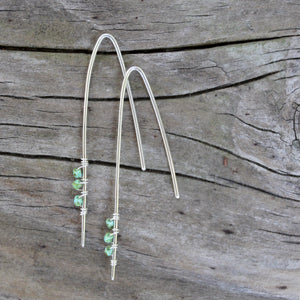 Megen Gabrielle Jewelry | stick dangle earrings with turquoise beads. turquoise bead earrings. simple earrings. dainty turquoise earrings. 14k gold fill earrings. sterling silver earrings. 