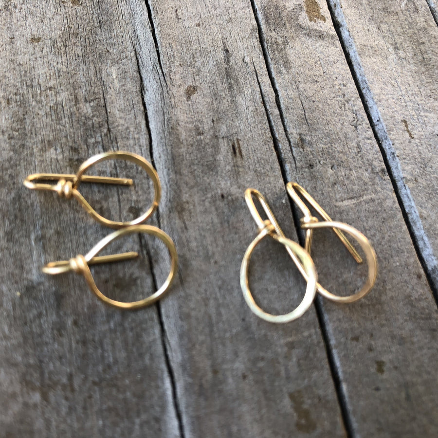 Megen Gabrielle Jewelry | Mini Tear Drop stud earrings. small stud earrings. 14K gold fill earrings. small circle 14K gold fill earrings