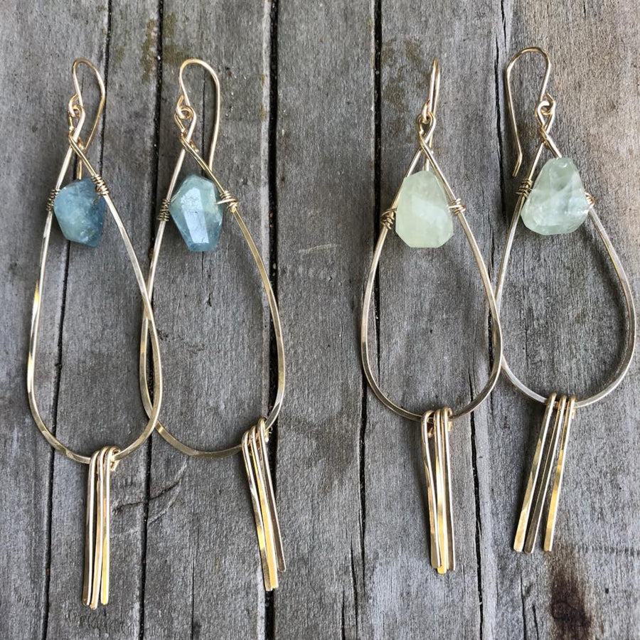 Megen Gabrielle Jewelry | Aquamarine Tassel Earrings. Tear drop hoop earrings with tassels and blue/ blue green stones. 
