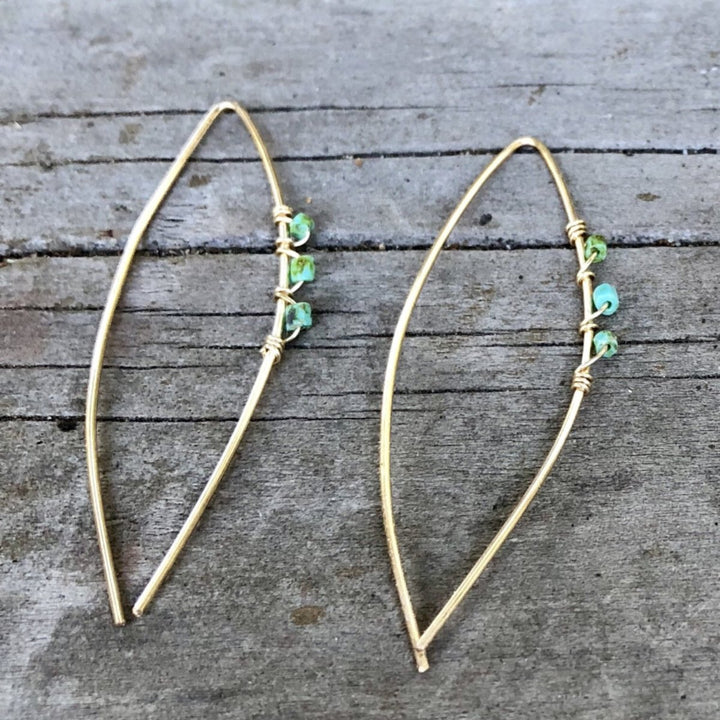 Megen Gabrielle Jewelry | 14k Gold fill open style hoops with mint beads wrapped with 14K gold fill wire. womens open hoops. gold hoops women. womens gold hoops. women gold filled jewelry. gold fill jewelry for men and women. turquoise and gold jewelry. gold jewelry with turquoise 