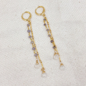 Megen Gabrielle Jewelry Studios | iolite earrings. iolite gemstone earrings. Iolite and moonstone dangle earrings. drop earrings. elegant earrings. 14K gold fill earrings. drop dangle earrings. moonstone earrings.