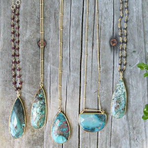 Chrysocolla necklaces. Beaded 14k gold fill chain. Tear drop stone necklace. 14k Gold fill. Megen Gabrielle Jewlery Studios, Handmade, real gemstone