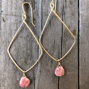 Megen Gabrielle Jewelry | Diamond shaped hoop earrings in 14k gold fill with Chrysocolla or Peachy Pink Rhodonite drop stone.