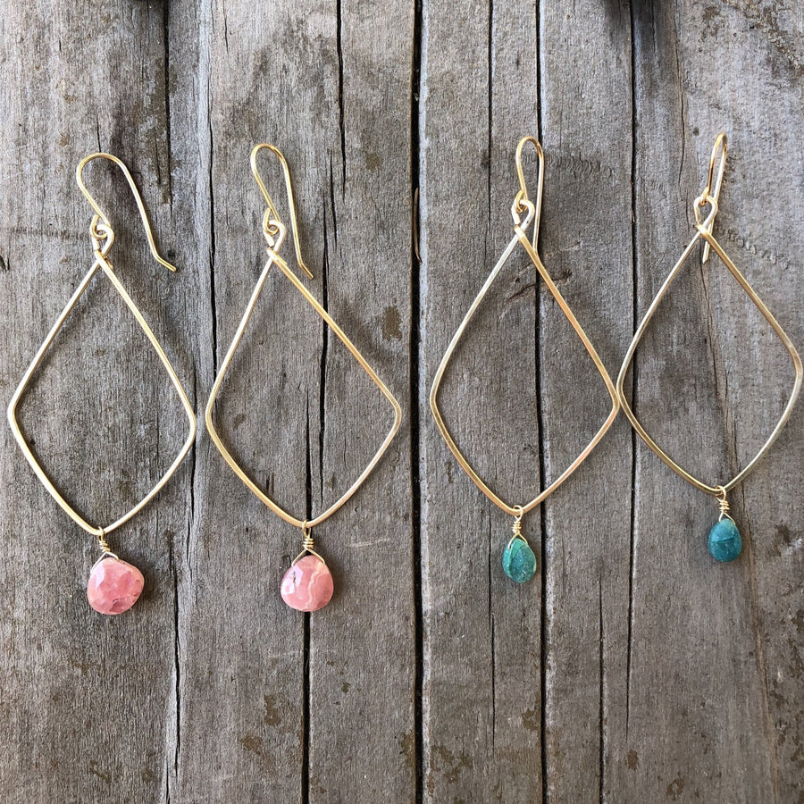 Megen Gabrielle Jewelry | Diamond shaped hoop earrings in 14k gold fill with Chrysocolla or Peachy Pink Rhodonite drop stone.