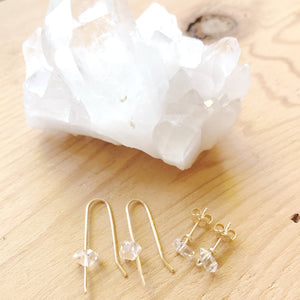 Megen Gabrielle Jewelry | Herkimer Diamond earrings. diamond earrings. Herkimer diamond and 14K gold fill earrings. gold earrings. gold and diamond earrings.