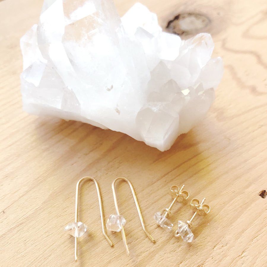 Megen Gabrielle Jewelry | Herkimer Diamond earrings. diamond earrings. Herkimer diamond and 14K gold fill earrings. gold earrings. gold and diamond earrings.