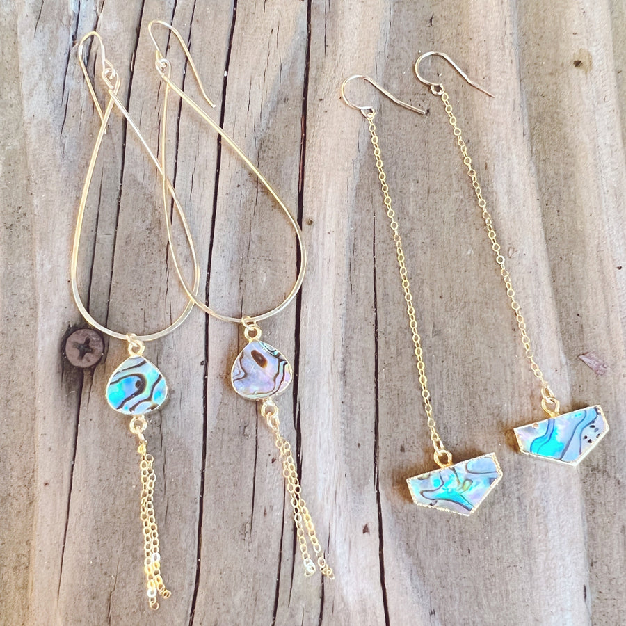 Megen Gabrielle Jewelry | 14K gold fill earrings, abalone earrings, abalone drop hoops, abalone hoop earrings, abalone earrings with 14K gold fill. drop hoop earrings. dangle earrings