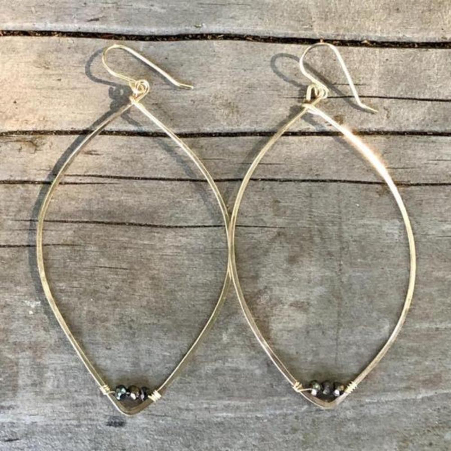 chocolate pyrite jewelry for sale, chocolate pyrite jewelry. leaf shaped hoop earrings with chocolate pyrite wire wrapped   