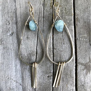 Megen Gabrielle Jewelry | Aquamarine Tassel Earrings. Tear drop hoop earrings with tassels and blue stones 
